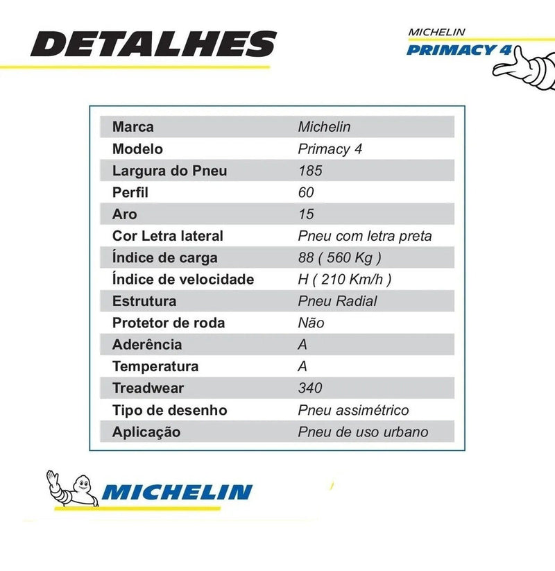 Kit De 4 Pneus Michelin Primacy 4 P 185/60 R15 88 H Aro 15